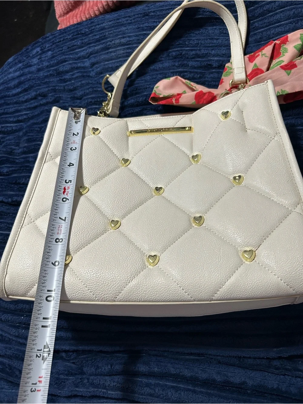 Betsey Johnson White Quilted Shoulder Bag with Pink Floral Scarf